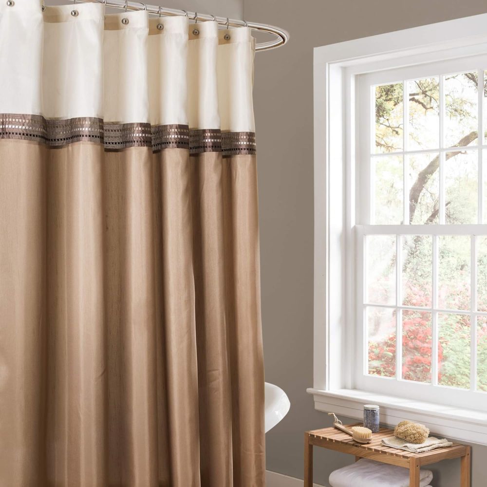 Shower Curtain, Color Block Design, Neutral Bathroom Essentials (Terra Beige & Ivory, 72” x 72”)