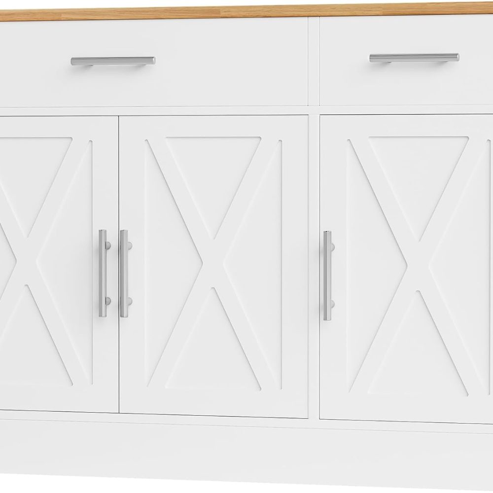 Shintenchi Modern Farmhouse Sideboard Buffet Cabinet with Storage with 3 Doors,42" Barn Doors Buffet Cabinet with Storage, Wood Coffee Bar Cabinet with Adjustable Shelf for Kitchen Living Room,White