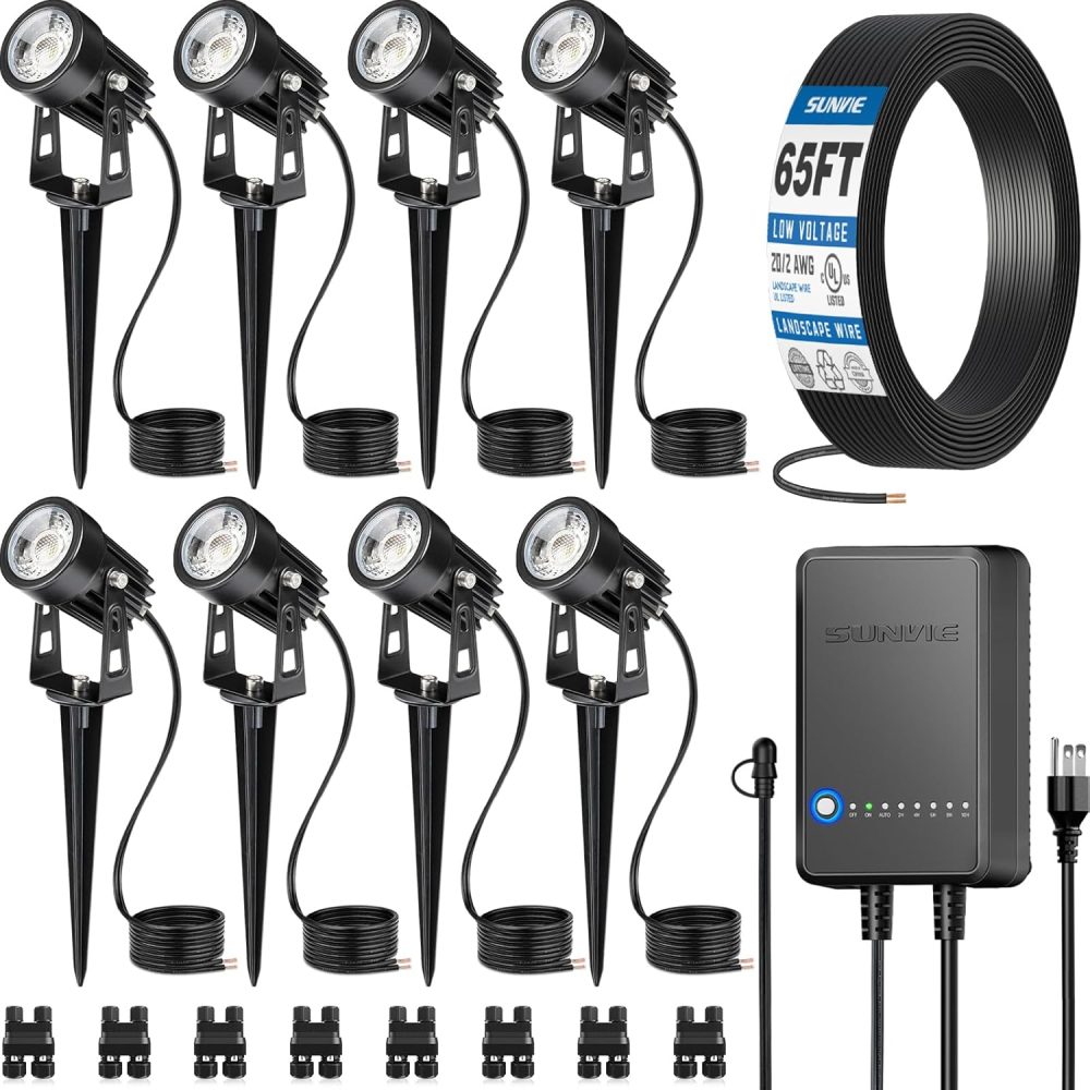 SUNVIE All-In-One LED Landscape Lighting Kit, 8-Pack Low Voltage Landscape Lights with Transformer and 65FT UL-Listed Wire, 3000K Waterproof Outdoor Uplights with Connectors for Yard House Garden Tree