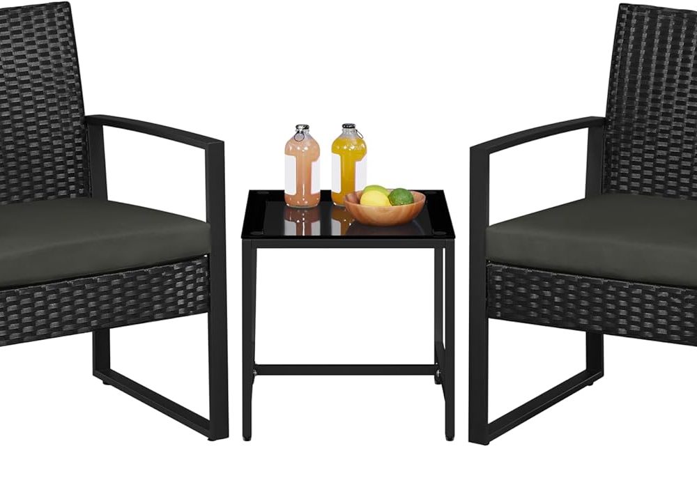 Yaheetech 3 Pieces Rattan Bistro Set, Indoor/Outdoor Wicker Patio Modern Conversation Furniture, 2 Chairs & Tempered Glass Coffee Table for Garden, Balcony, Backyard, Poolside, Black/Gray