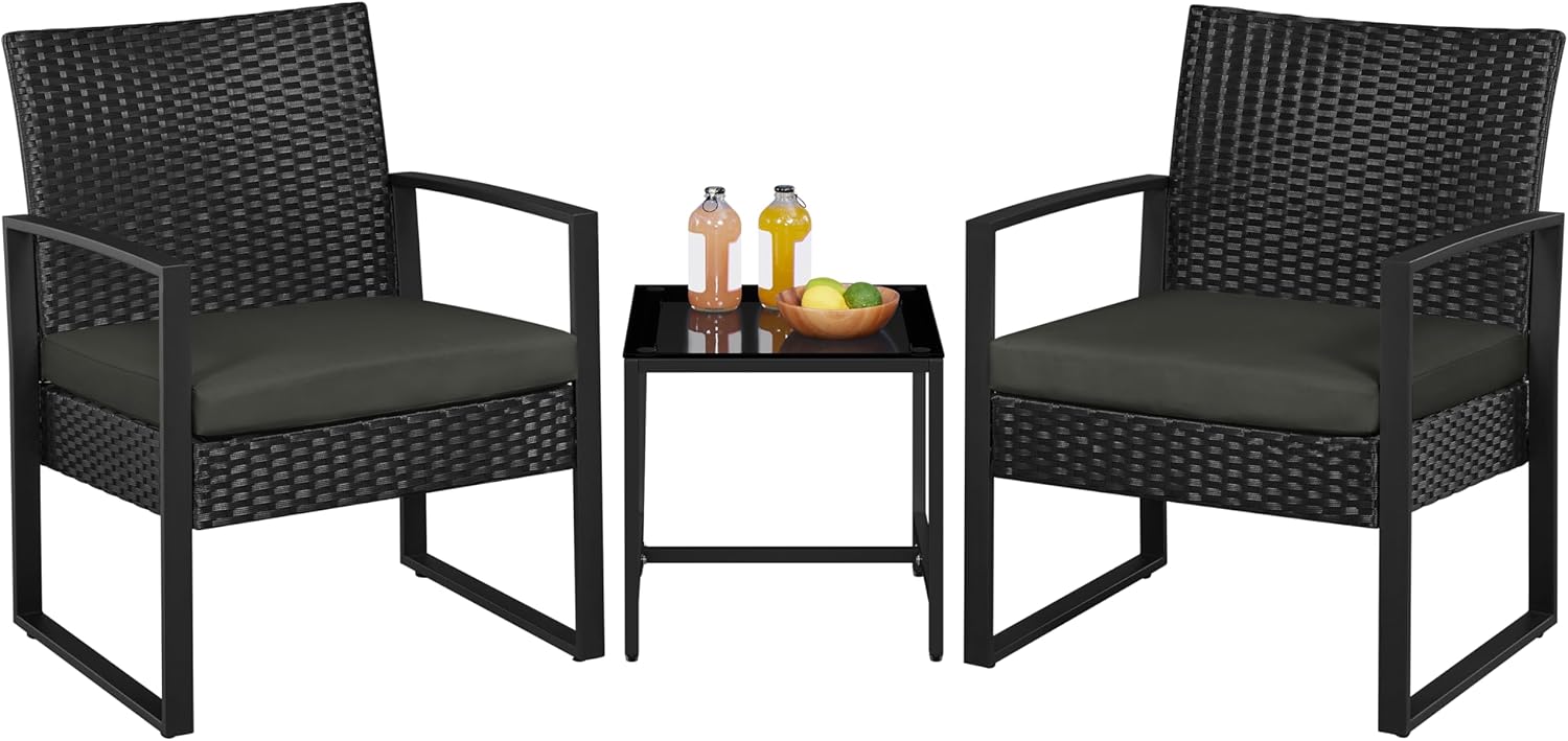 Yaheetech 3 Pieces Rattan Bistro Set, Indoor/Outdoor Wicker Patio Modern Conversation Furniture, 2 Chairs & Tempered Glass Coffee Table for Garden, Balcony, Backyard, Poolside, Black/Gray