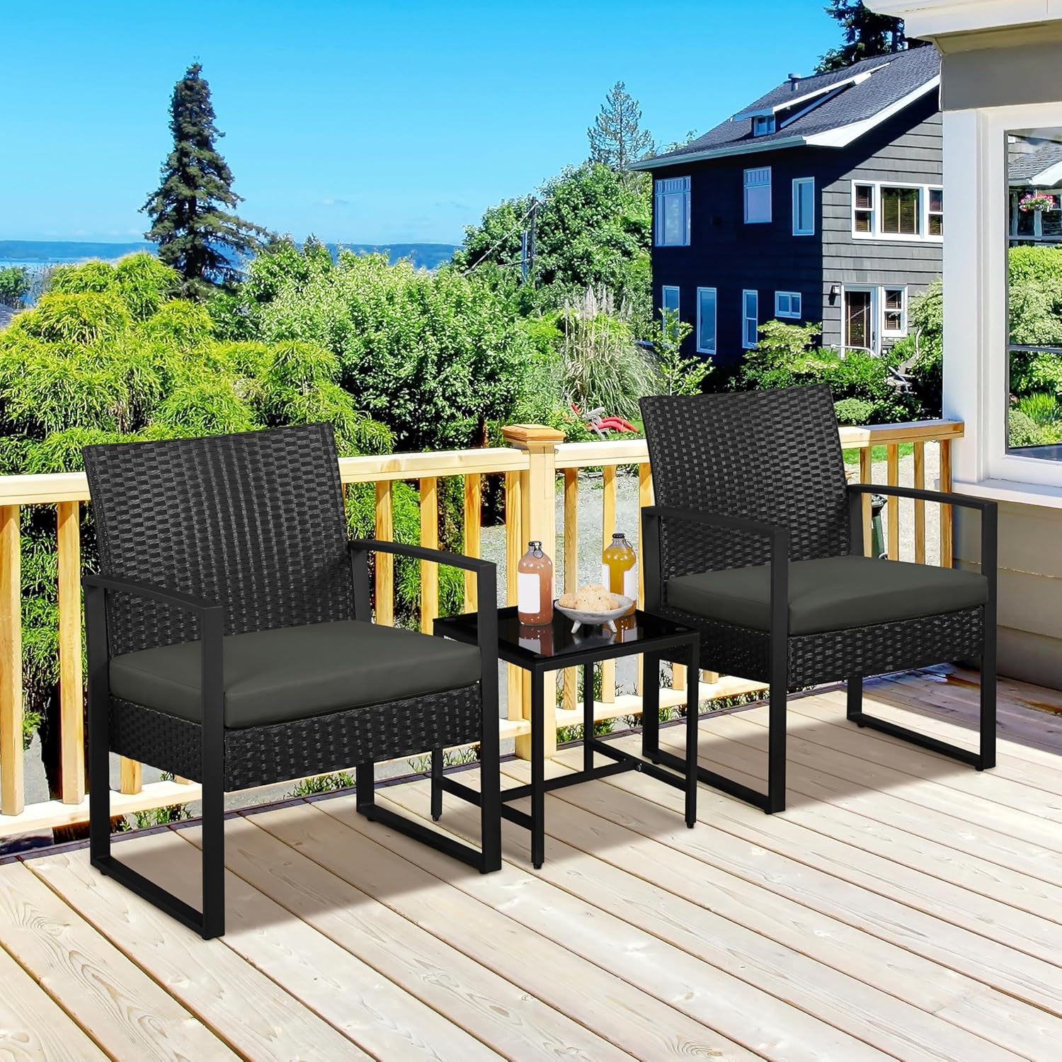 Yaheetech 3 Pieces Rattan Bistro Set, Indoor/Outdoor Wicker Patio Modern Conversation Furniture, 2 Chairs & Tempered Glass Coffee Table for Garden, Balcony, Backyard, Poolside, Black/Gray - Image 2