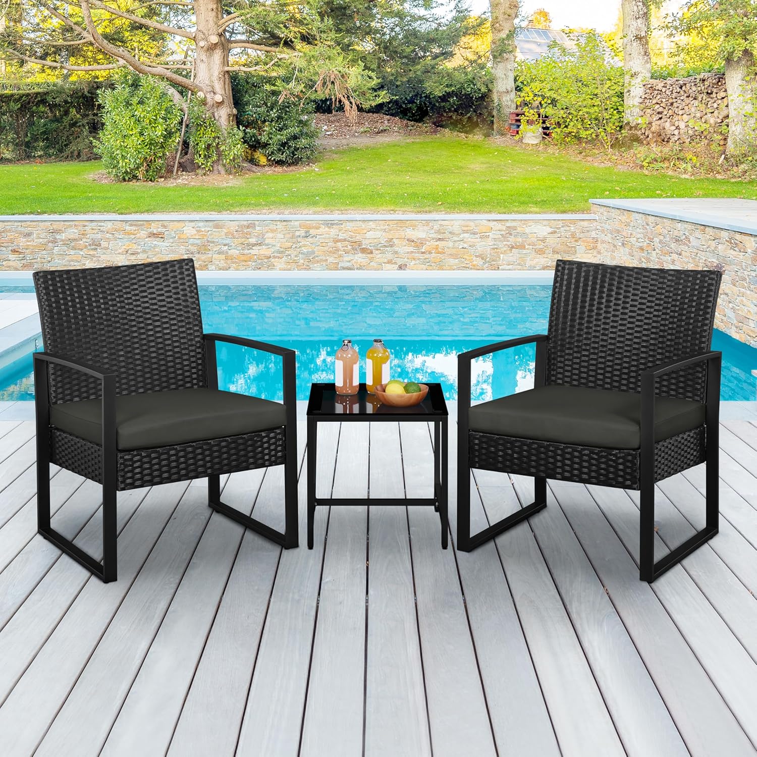 Yaheetech 3 Pieces Rattan Bistro Set, Indoor/Outdoor Wicker Patio Modern Conversation Furniture, 2 Chairs & Tempered Glass Coffee Table for Garden, Balcony, Backyard, Poolside, Black/Gray - Image 3