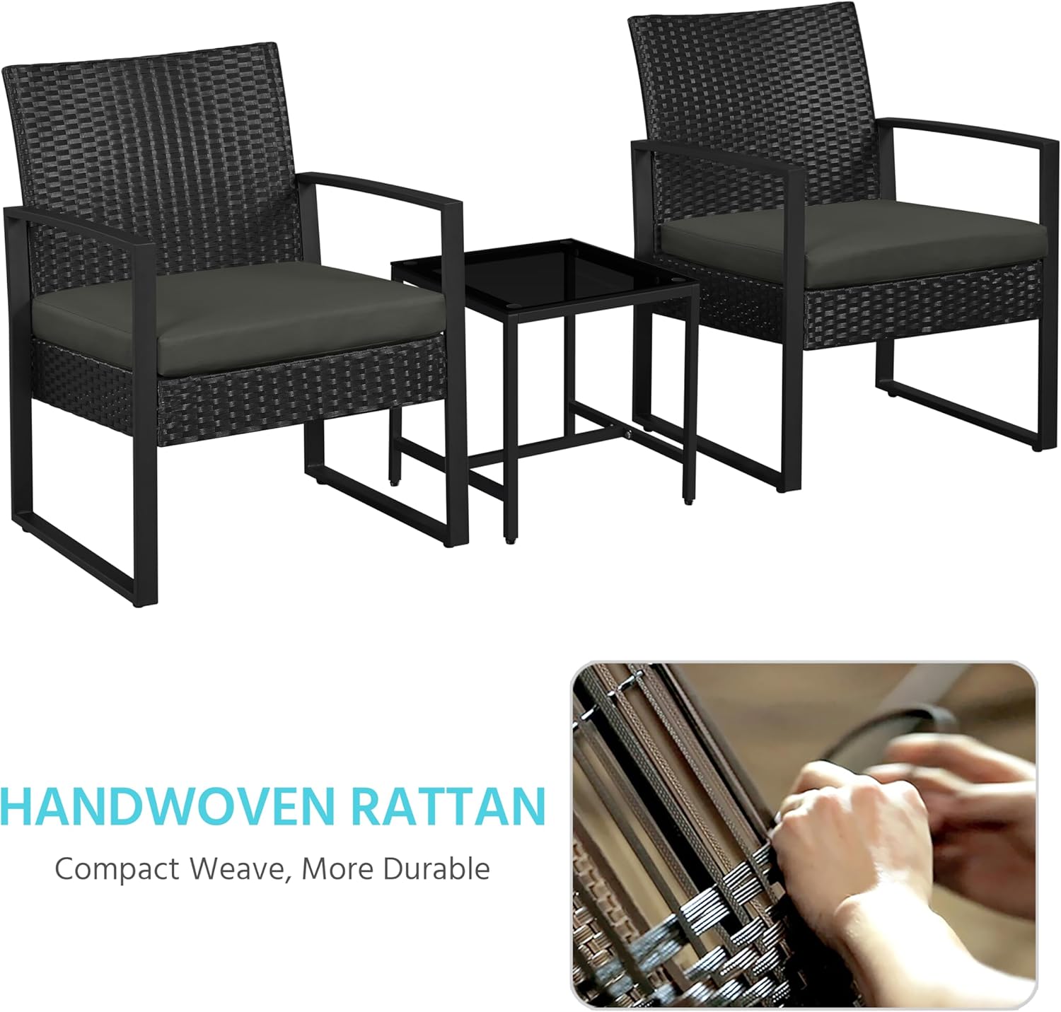 Yaheetech 3 Pieces Rattan Bistro Set, Indoor/Outdoor Wicker Patio Modern Conversation Furniture, 2 Chairs & Tempered Glass Coffee Table for Garden, Balcony, Backyard, Poolside, Black/Gray - Image 4