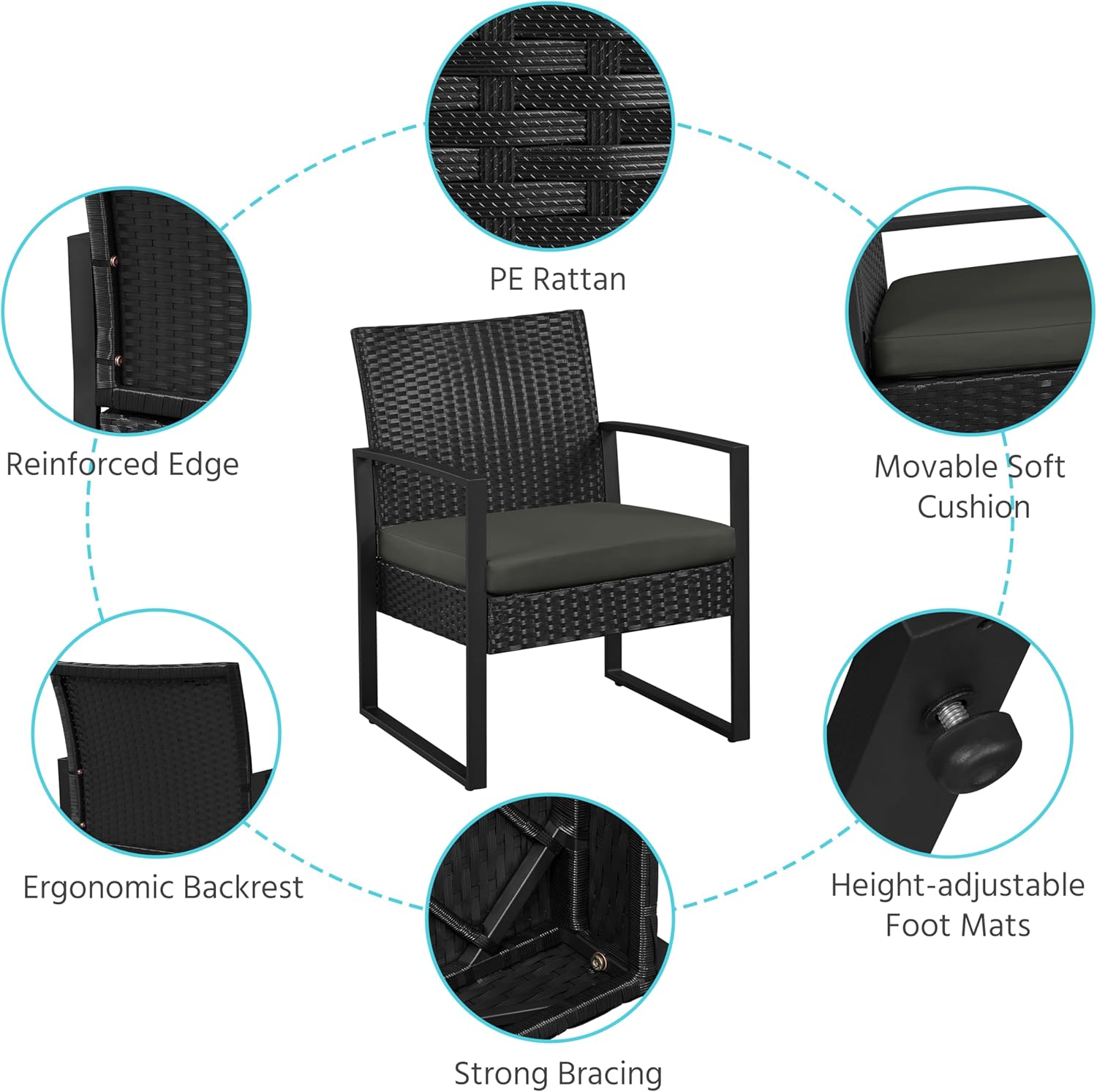 Yaheetech 3 Pieces Rattan Bistro Set, Indoor/Outdoor Wicker Patio Modern Conversation Furniture, 2 Chairs & Tempered Glass Coffee Table for Garden, Balcony, Backyard, Poolside, Black/Gray - Image 5