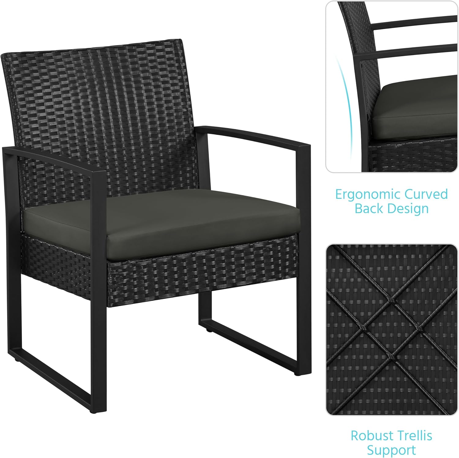 Yaheetech 3 Pieces Rattan Bistro Set, Indoor/Outdoor Wicker Patio Modern Conversation Furniture, 2 Chairs & Tempered Glass Coffee Table for Garden, Balcony, Backyard, Poolside, Black/Gray - Image 6