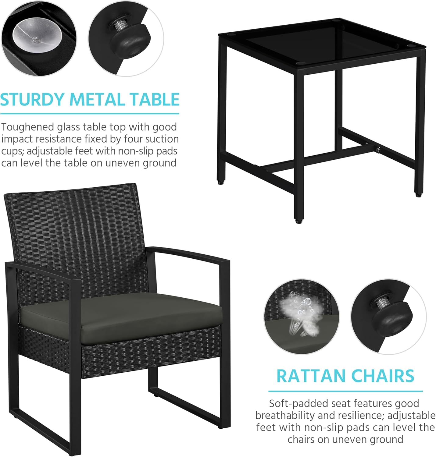 Yaheetech 3 Pieces Rattan Bistro Set, Indoor/Outdoor Wicker Patio Modern Conversation Furniture, 2 Chairs & Tempered Glass Coffee Table for Garden, Balcony, Backyard, Poolside, Black/Gray - Image 7