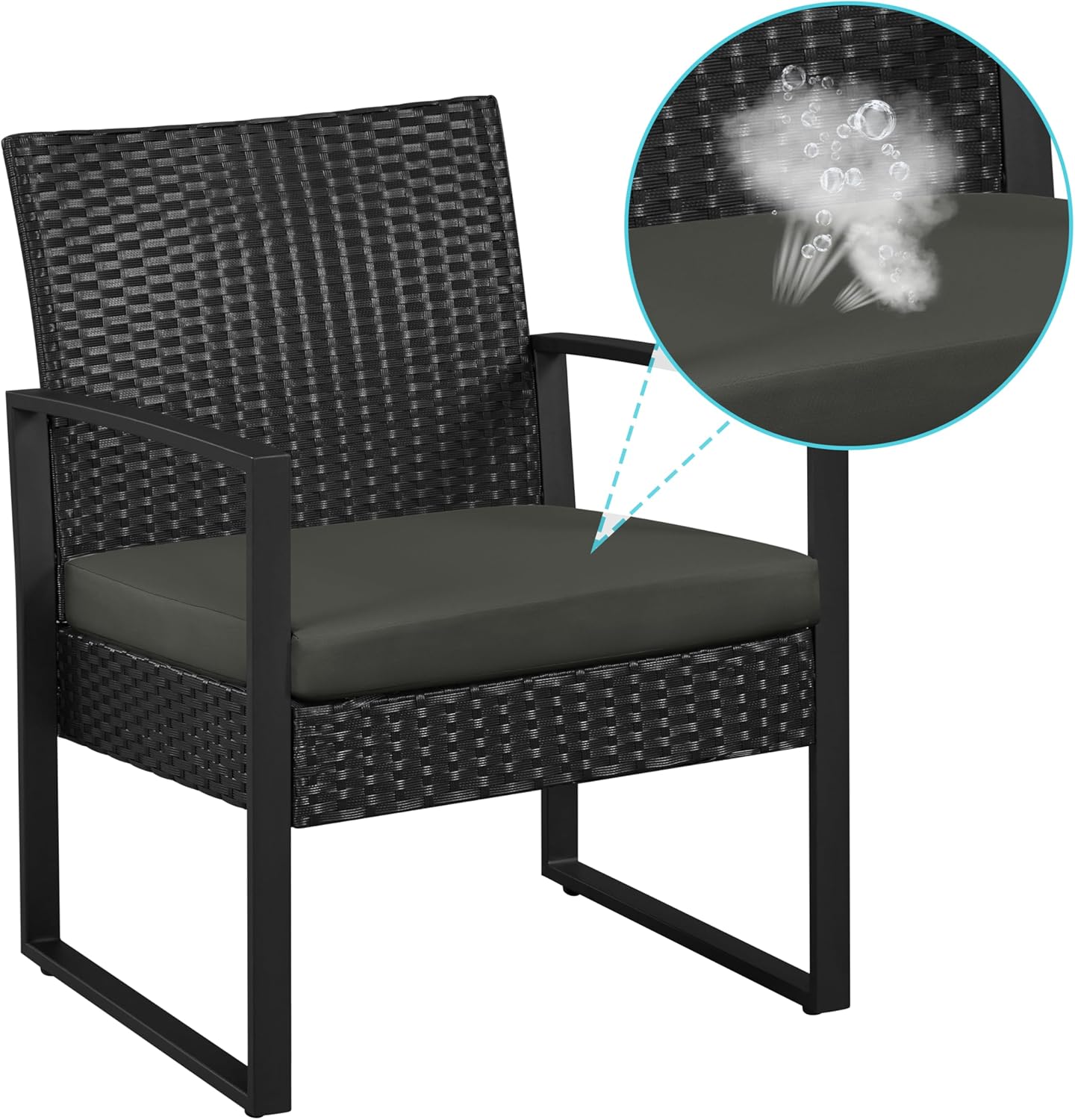 Yaheetech 3 Pieces Rattan Bistro Set, Indoor/Outdoor Wicker Patio Modern Conversation Furniture, 2 Chairs & Tempered Glass Coffee Table for Garden, Balcony, Backyard, Poolside, Black/Gray - Image 8