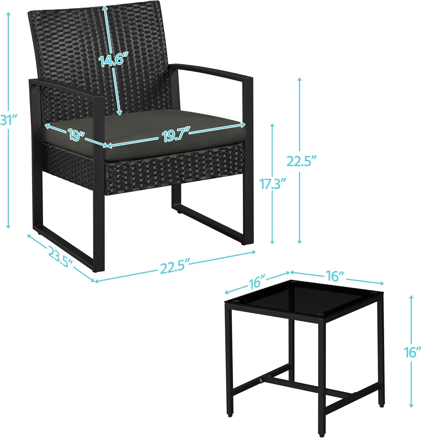 Yaheetech 3 Pieces Rattan Bistro Set, Indoor/Outdoor Wicker Patio Modern Conversation Furniture, 2 Chairs & Tempered Glass Coffee Table for Garden, Balcony, Backyard, Poolside, Black/Gray - Image 9